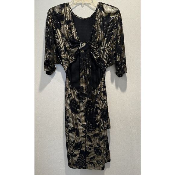Vintage Janine Medium Gold Black Floral Cocktail Dress Open Back Mosaic Retro - Picture 2 of 16